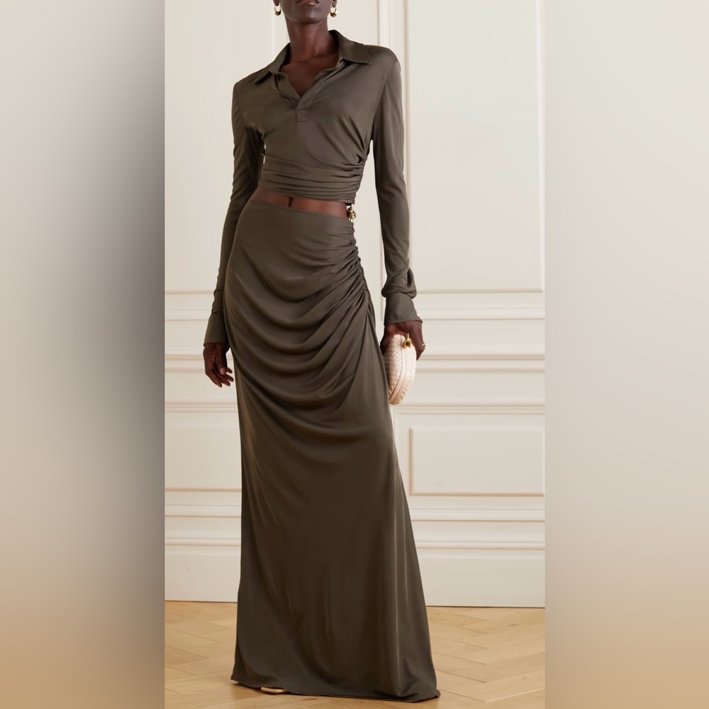 Bottega Veneta Cutout Dark Olive Maxi Gown With Gold detail